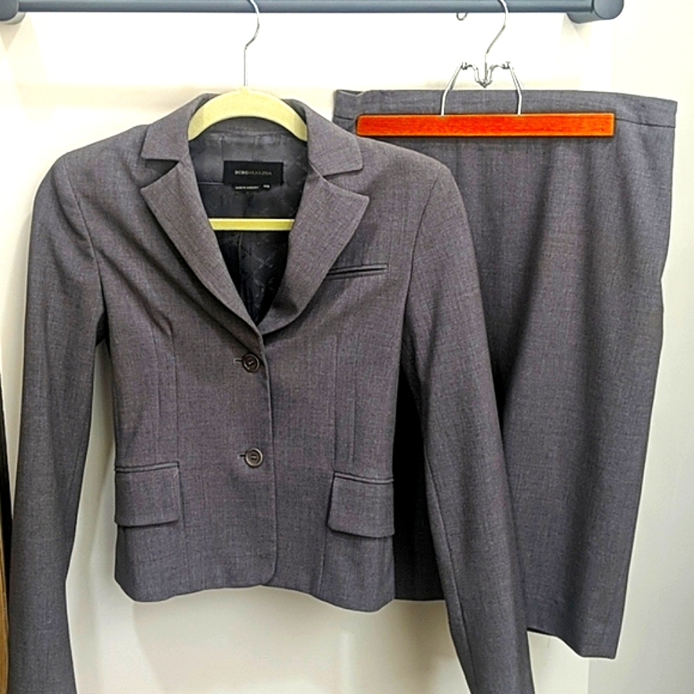 BCBG MaxAzaria XXS suit: slate gray blazer & skirt
